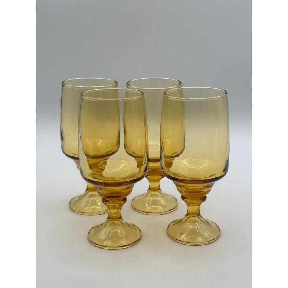 Vintage Amber Glass Goblets — Set of 4, Mid‑Century Pedestal Glassware